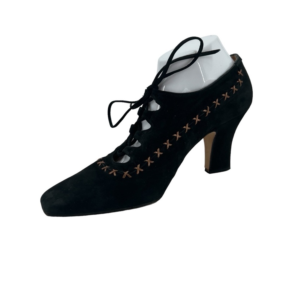 Black Suede Lace-Up Heels with Cross-Stitch Detail